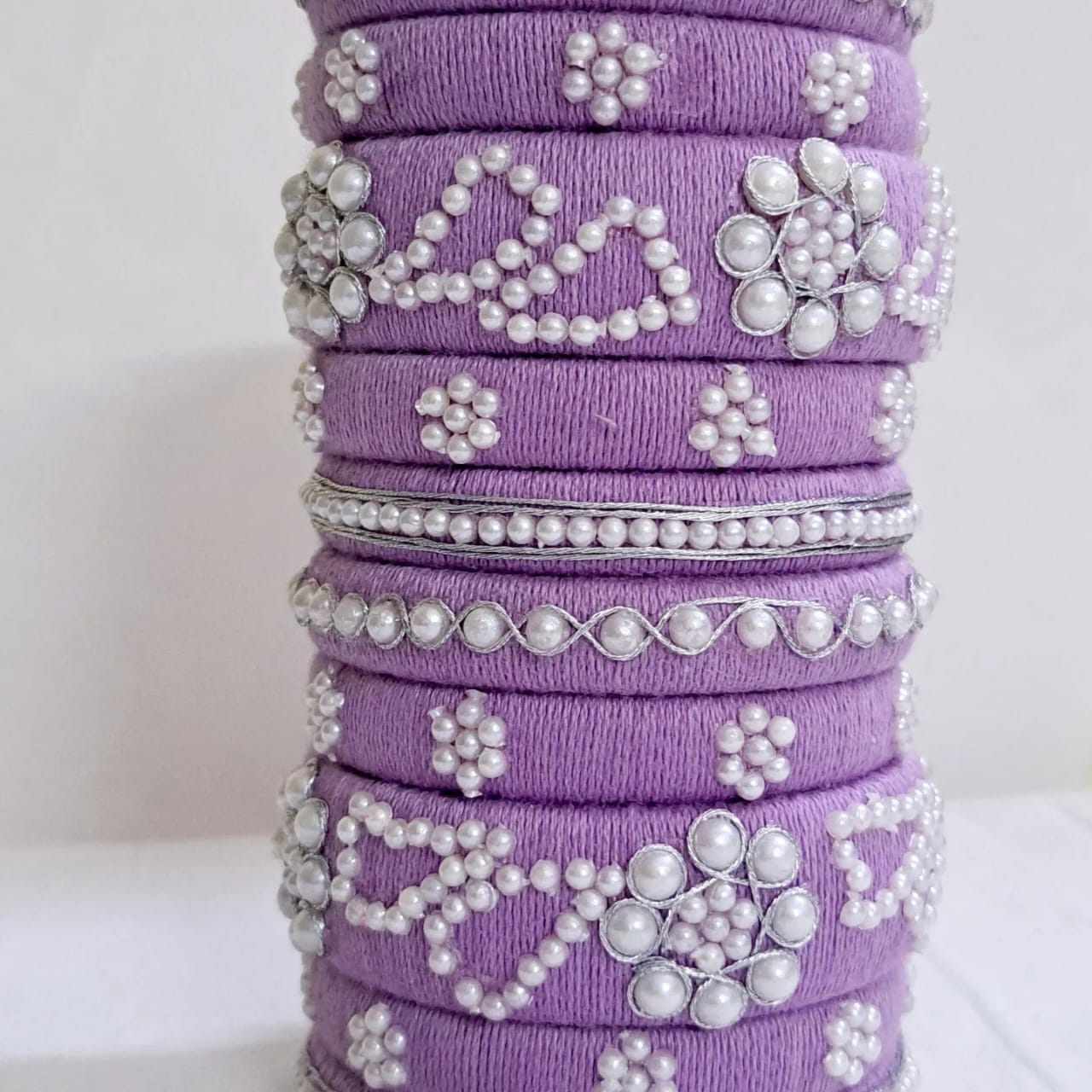 Lavender silk thread bangles with pearl work
