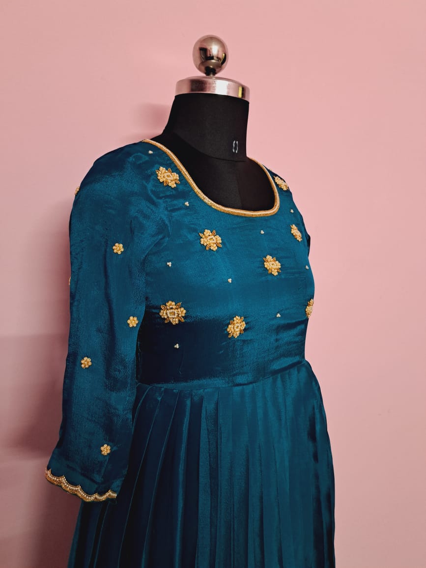 Teal silk dress with gold embroidery